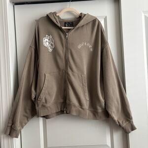 Darc Sport Wolves Club Full Zip Hoodie Oversized Brown Taupe Gym Rare XXL